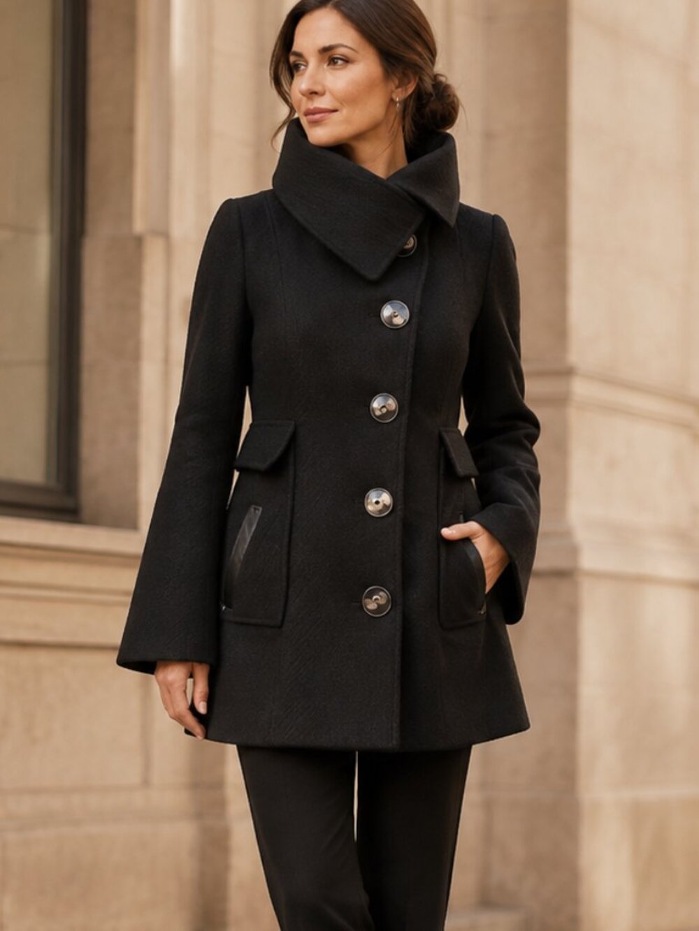 Mackage Black Textured Wool Leather Trim Funnel Collar Bell Sleeve Coat Small